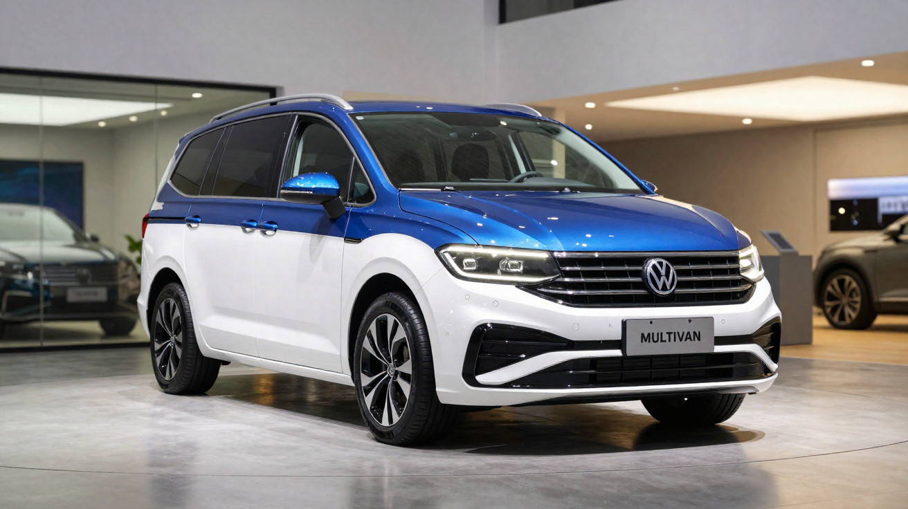 Van Volkswagen Multivan azul e branca estacionada em showroom moderno.