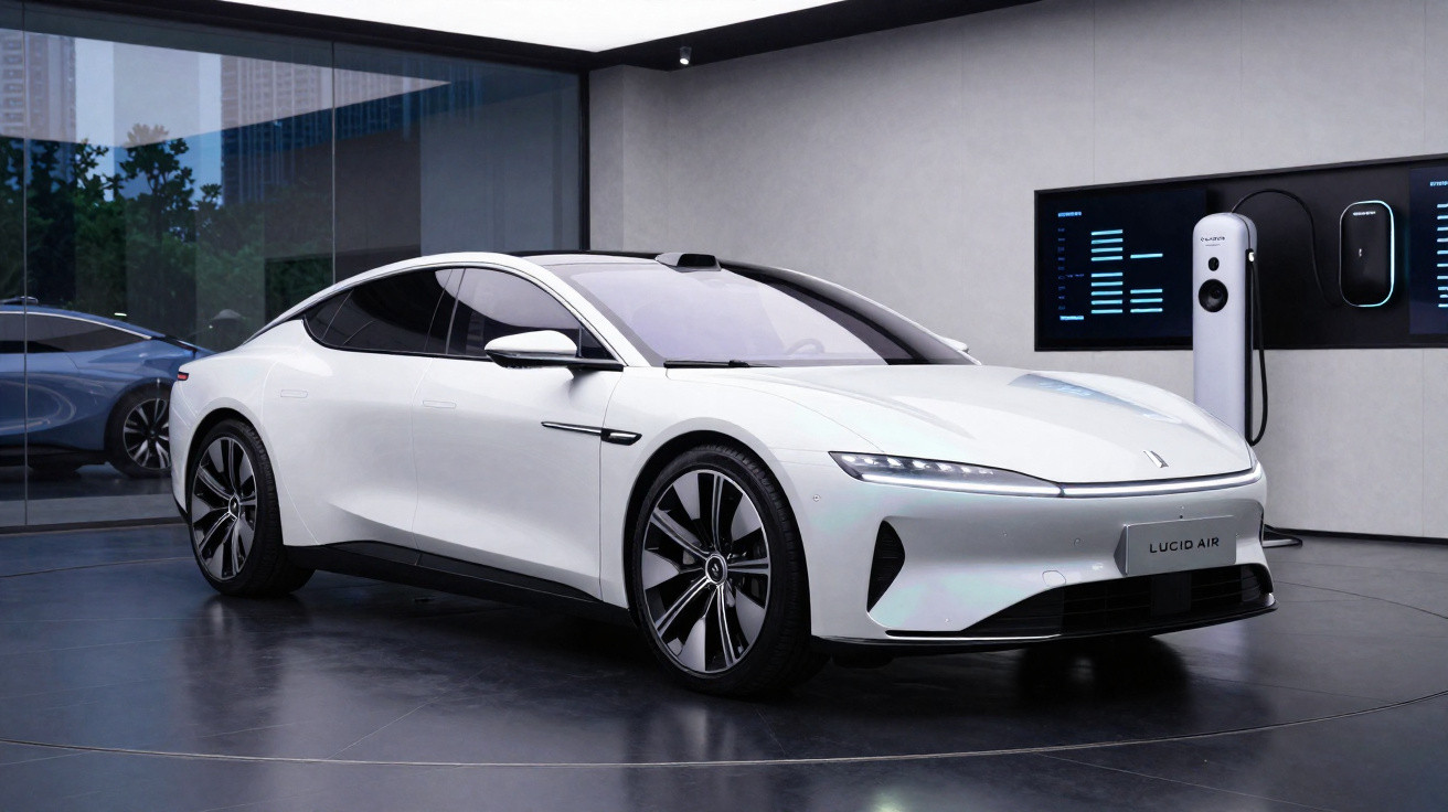 Carro elétrico branco Lucid Air estacionado em showroom moderno com painel de carregamento na parede.