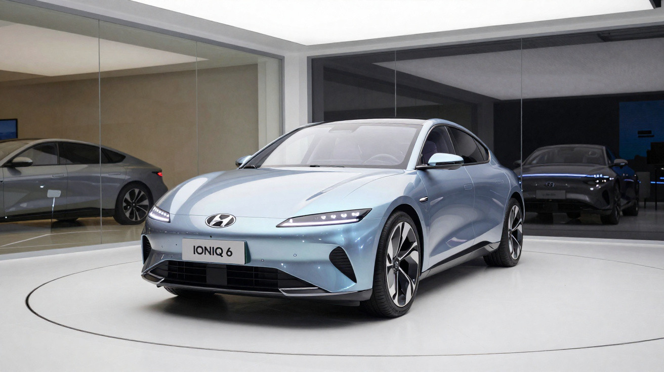 Carro elétrico Hyundai Ioniq 6 azul em exibição dentro de ambiente moderno com reflexos nos espelhos.