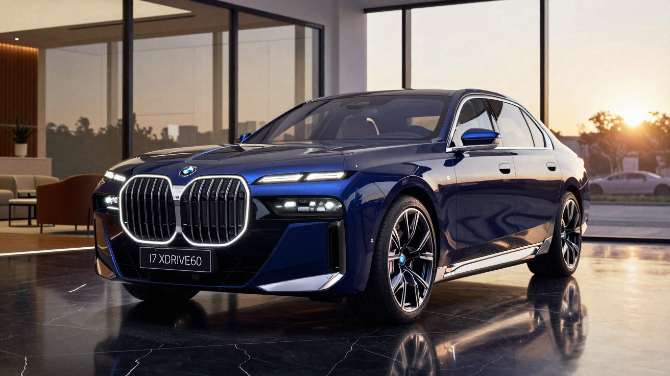Carro sedan azul BMW 7 Series XDrive60 estacionado em piso brilhante dentro de showroom moderno.