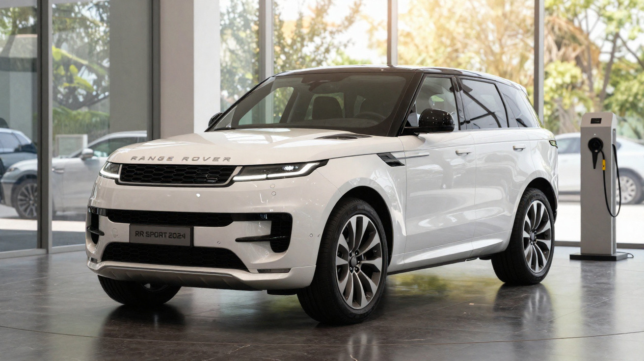SUV branco Range Rover Sport 2024 em showroom, com estação de recarga veicular ao lado.