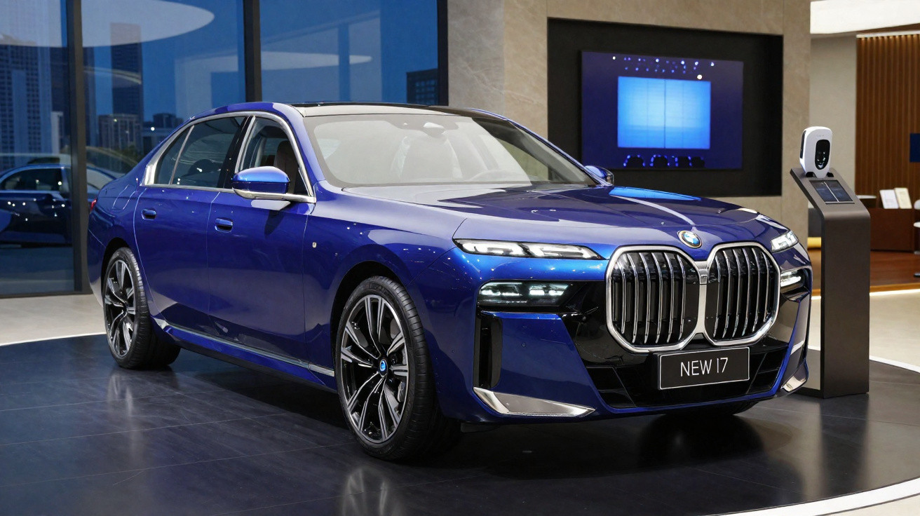 Carro azul BMW novo modelo 17 exposto em showroom moderno com iluminação suave e detalhes cromados.