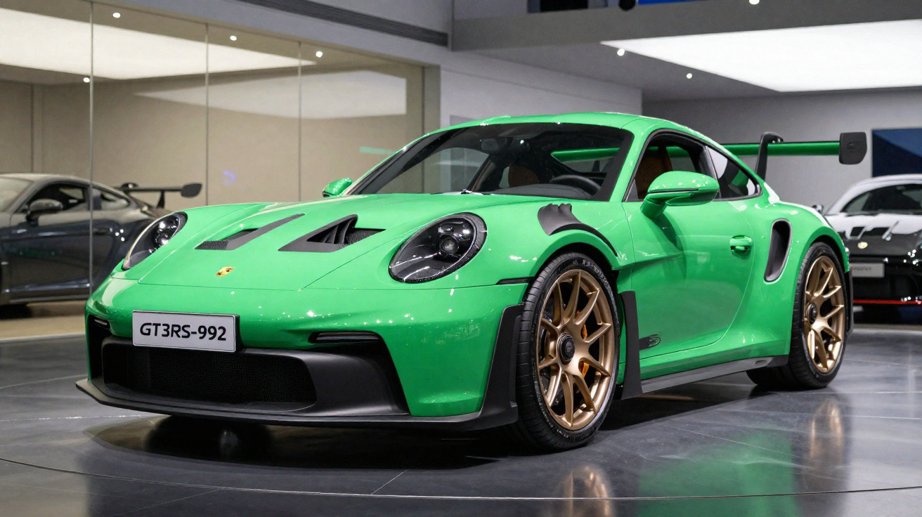 Carro esportivo Porsche verde com rodas douradas exposto em showroom moderno com piso brilhante.