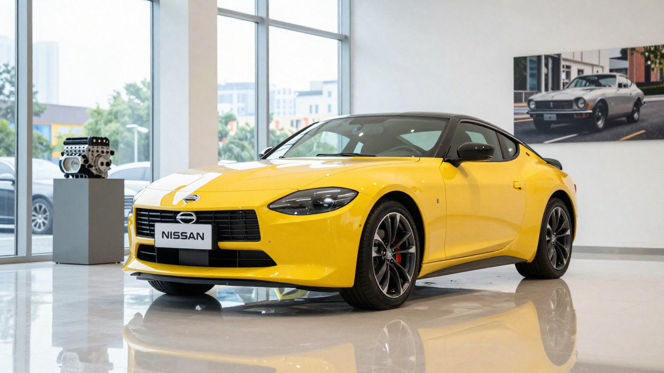 Carro esportivo amarelo Nissan estacionado em showroom moderno com piso brilhante e janelas grandes.