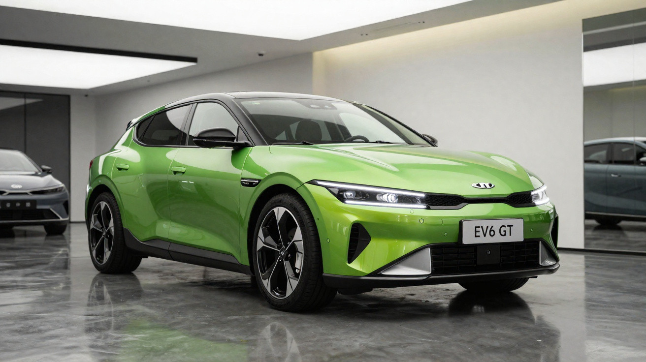 Carro elétrico Kia EV6 GT verde em showroom com piso refletivo e iluminação interna.