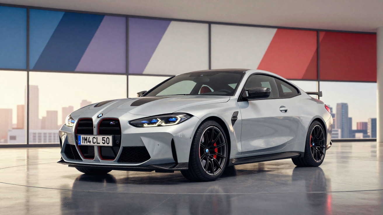 Carro esportivo BMW prata estacionado em ambiente interno com vitrine colorida ao fundo.