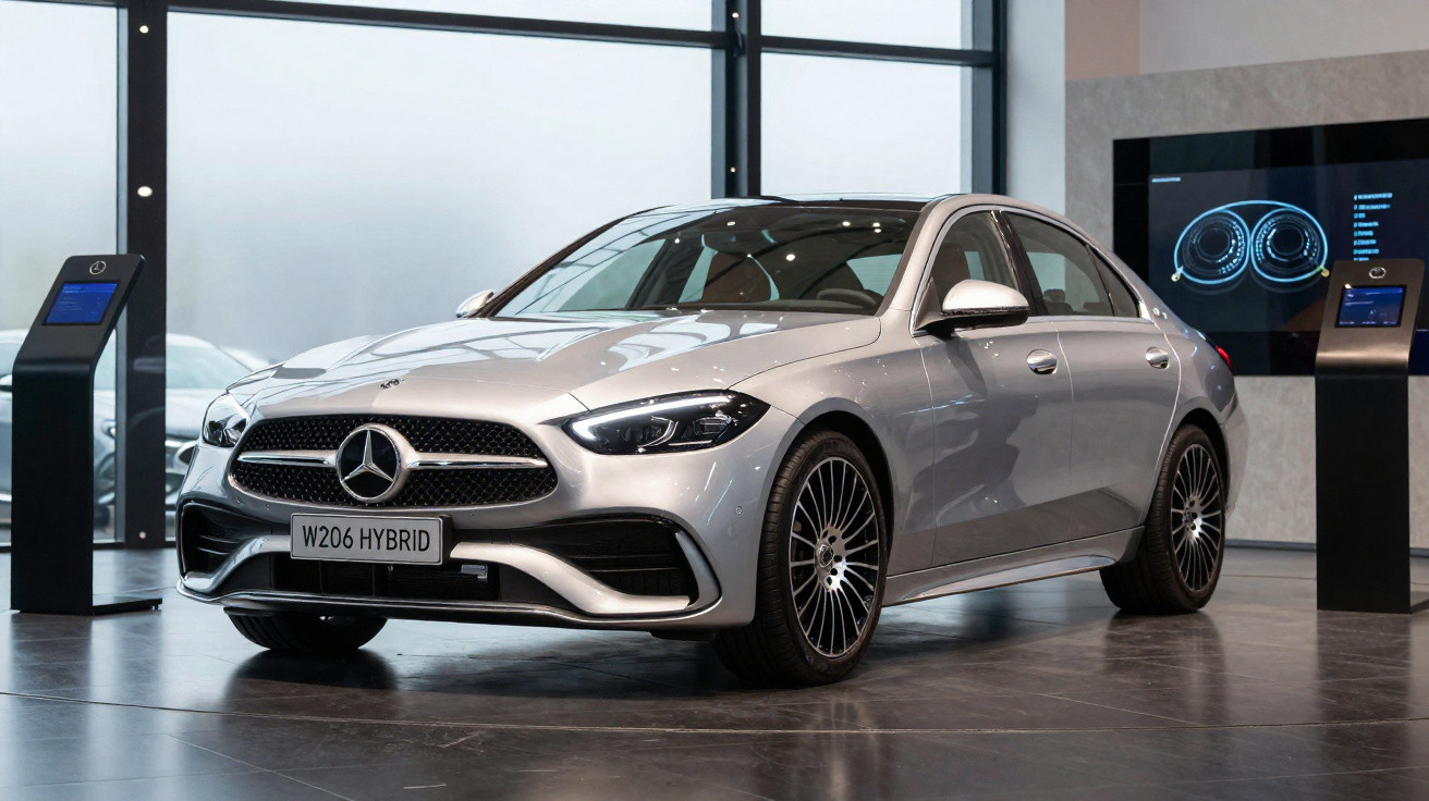 Carro Mercedes-Benz W206 Hybrid prata exibido em showroom moderno e iluminado.
