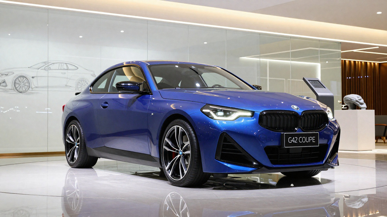 Carro esportivo azul BMW G42 Coupe exibido em showroom moderno com iluminação branca e detalhes em madeira.