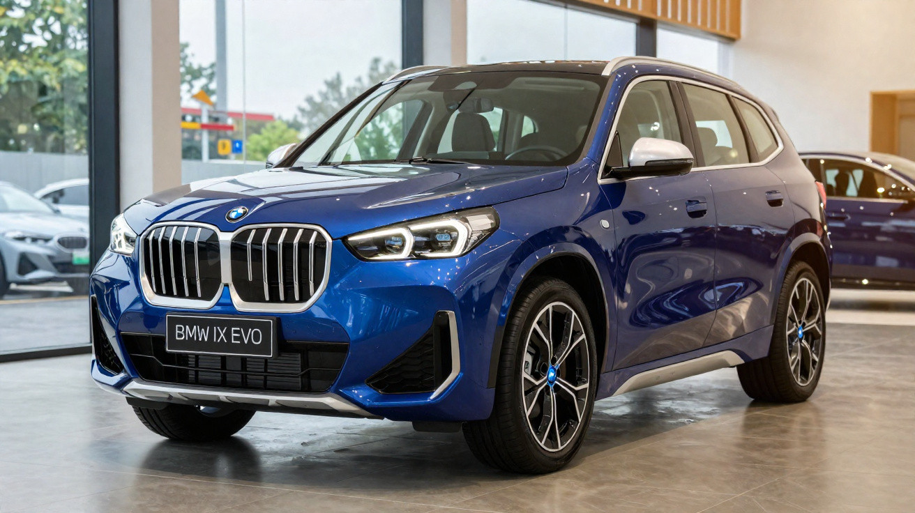 SUV BMW IX EVO azul estacionado em ambiente interno, com janelas de vidro ao fundo.