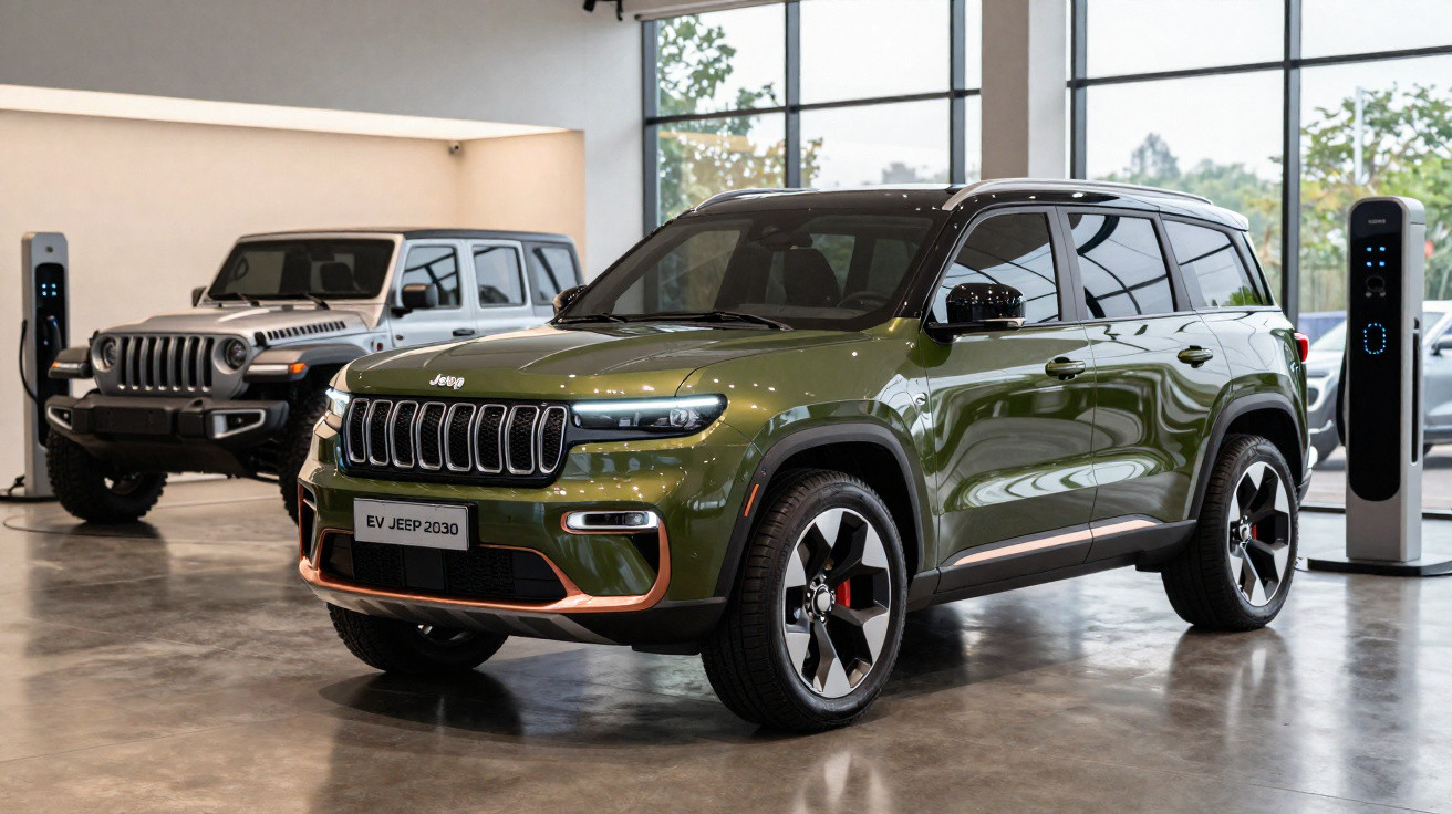 Dois SUVs Jeep elétricos em showroom, um verde em destaque e outro cinza ao fundo, ambos conectados a carregadores.