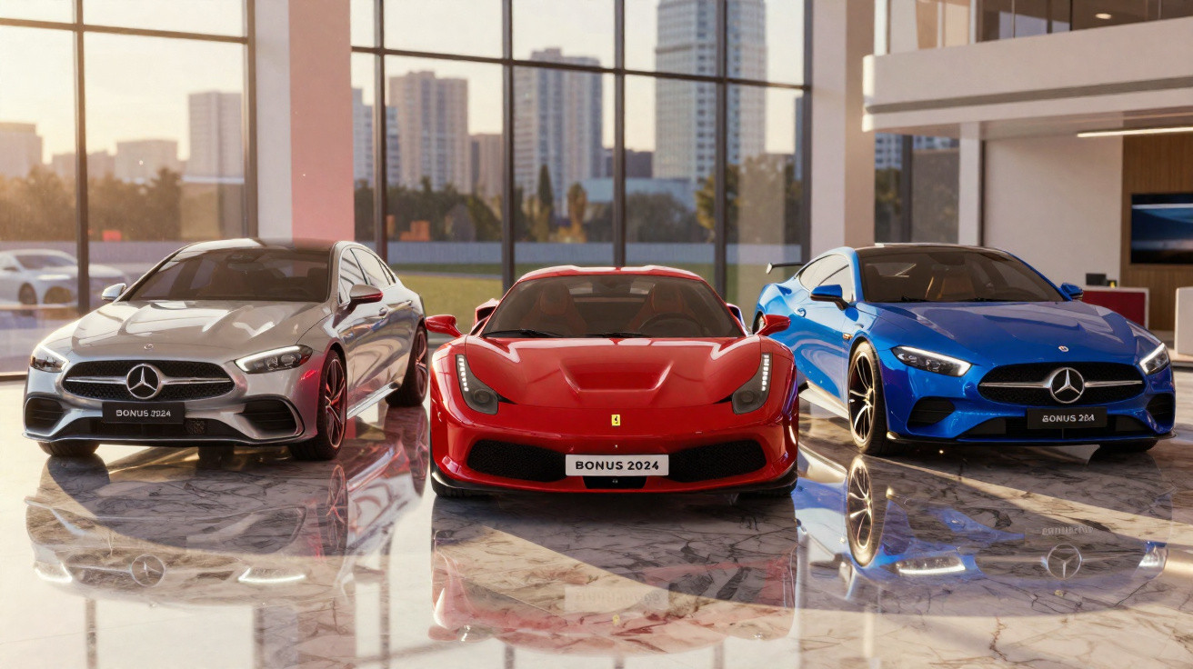 Três carros esportivos luxuosos em showroom com reflexos no chão de mármore e vista de prédios ao fundo.