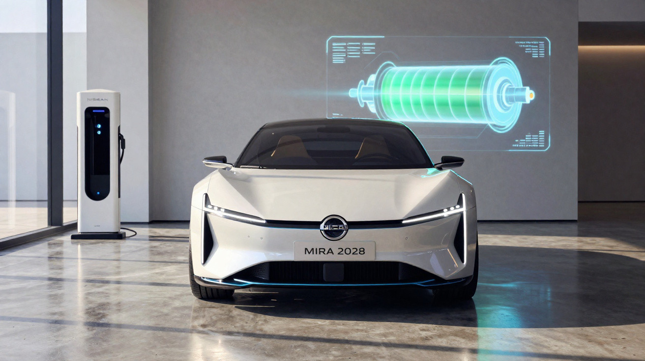 Carro elétrico branco futurista Mira 2028 estacionado ao lado de um carregador com holograma de bateria.