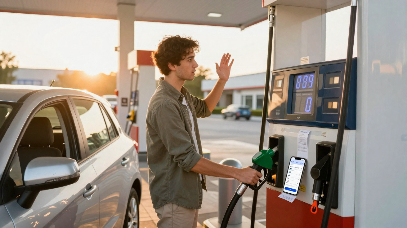 Homem abastecendo carro em posto de gasolina ao pôr do sol segurando bomba de combustível.