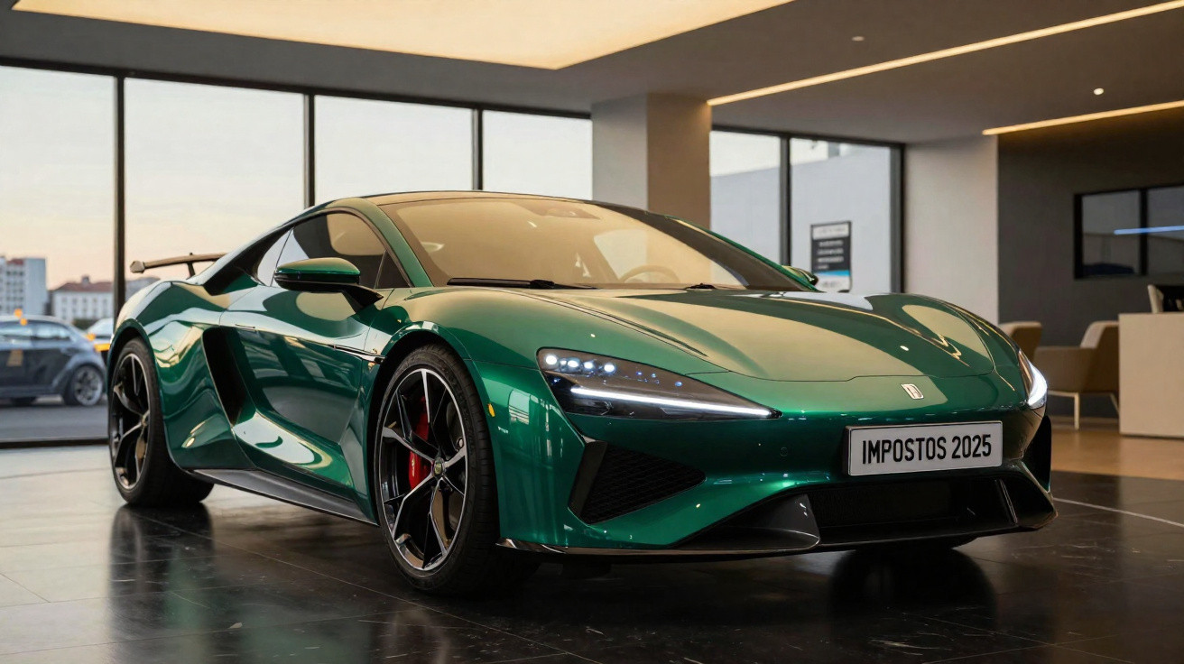 Carro esportivo verde metálico em showroom moderno com placa escrita "IMPOSTOS 2025".