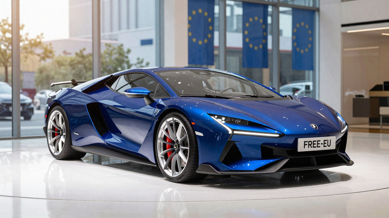 Carro esportivo azul metálico em exposição em ambiente interno com bandeiras da União Europeia ao fundo.