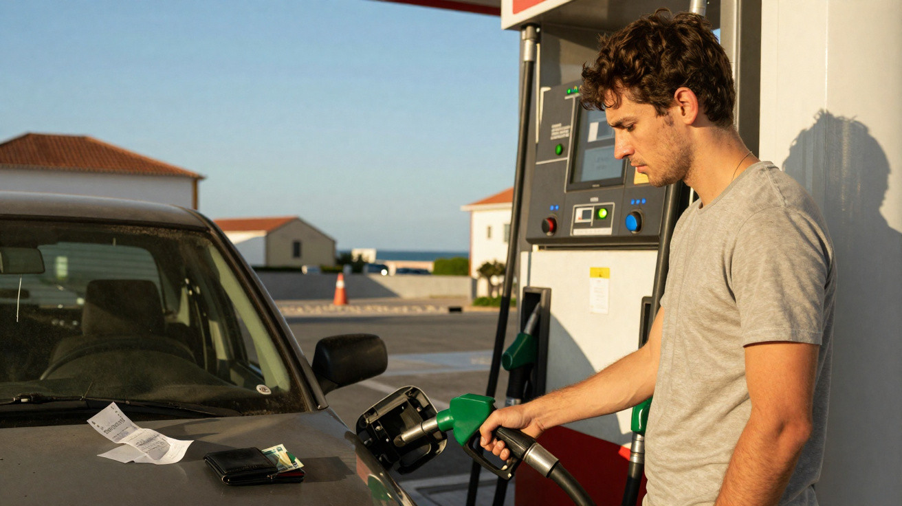 Homem com camiseta cinza abastece carro cinza em posto de gasolina sob luz do dia.