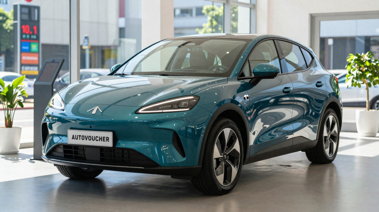 Carro elétrico azul exposto em showroom moderno com plantas e luz natural.