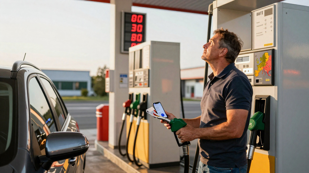 Homem com celular na mão abastece carro em posto de gasolina ao entardecer.
