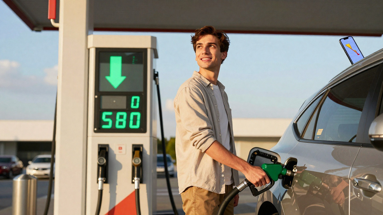 Homem jovem abastecendo carro em posto de gasolina ao entardecer, sorrindo e olhando para o lado.