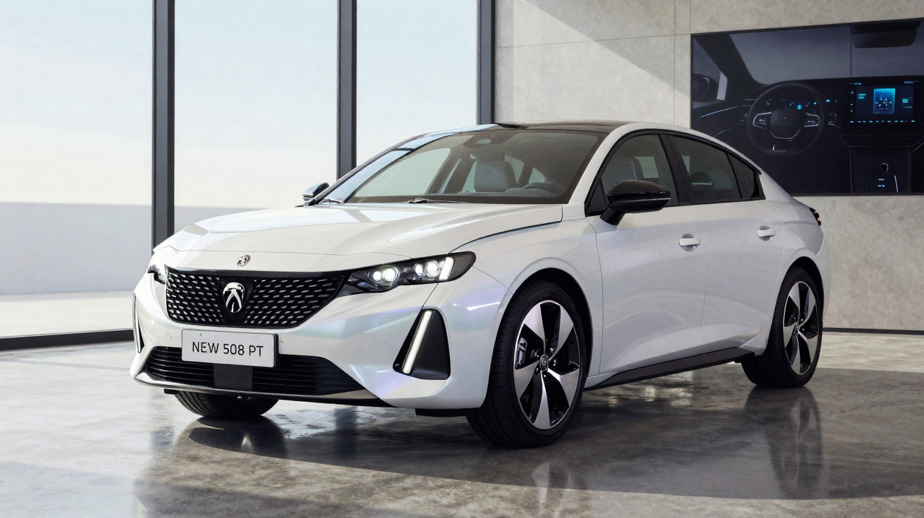 Carro branco Peugeot New 508 PT estacionado em ambiente interno moderno com piso de concreto polido.