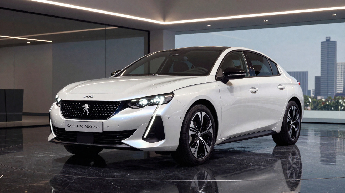 Carro Peugeot 308 branco 2019 com iluminação LED em showroom moderno e reflexo no piso escuro.