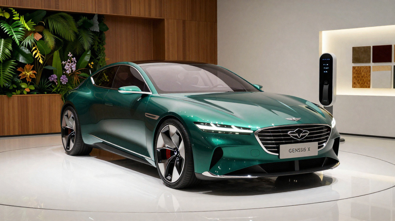 Carro elétrico verde Genesis X exibido em showroom moderno com parede de plantas e estação de carregamento.