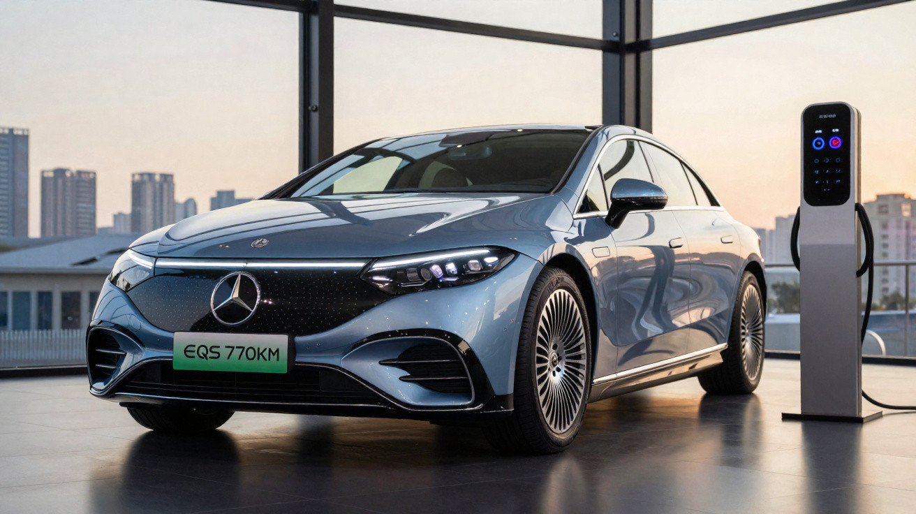 Carro elétrico Mercedes-Benz EQS cinza em carregador dentro de showroom com vista para prédios ao fundo.
