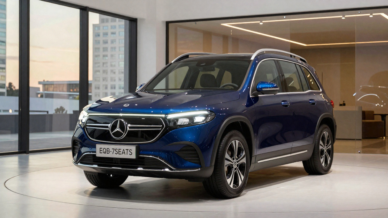Carro SUV Mercedes-Benz elétrico azul, modelo EQB 7 lugares, em ambiente interno moderno e bem iluminado.