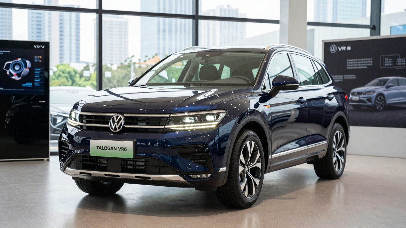 SUV Volkswagen Talogan VR6 azul escuro em exposição em showroom moderno com grandes janelas.