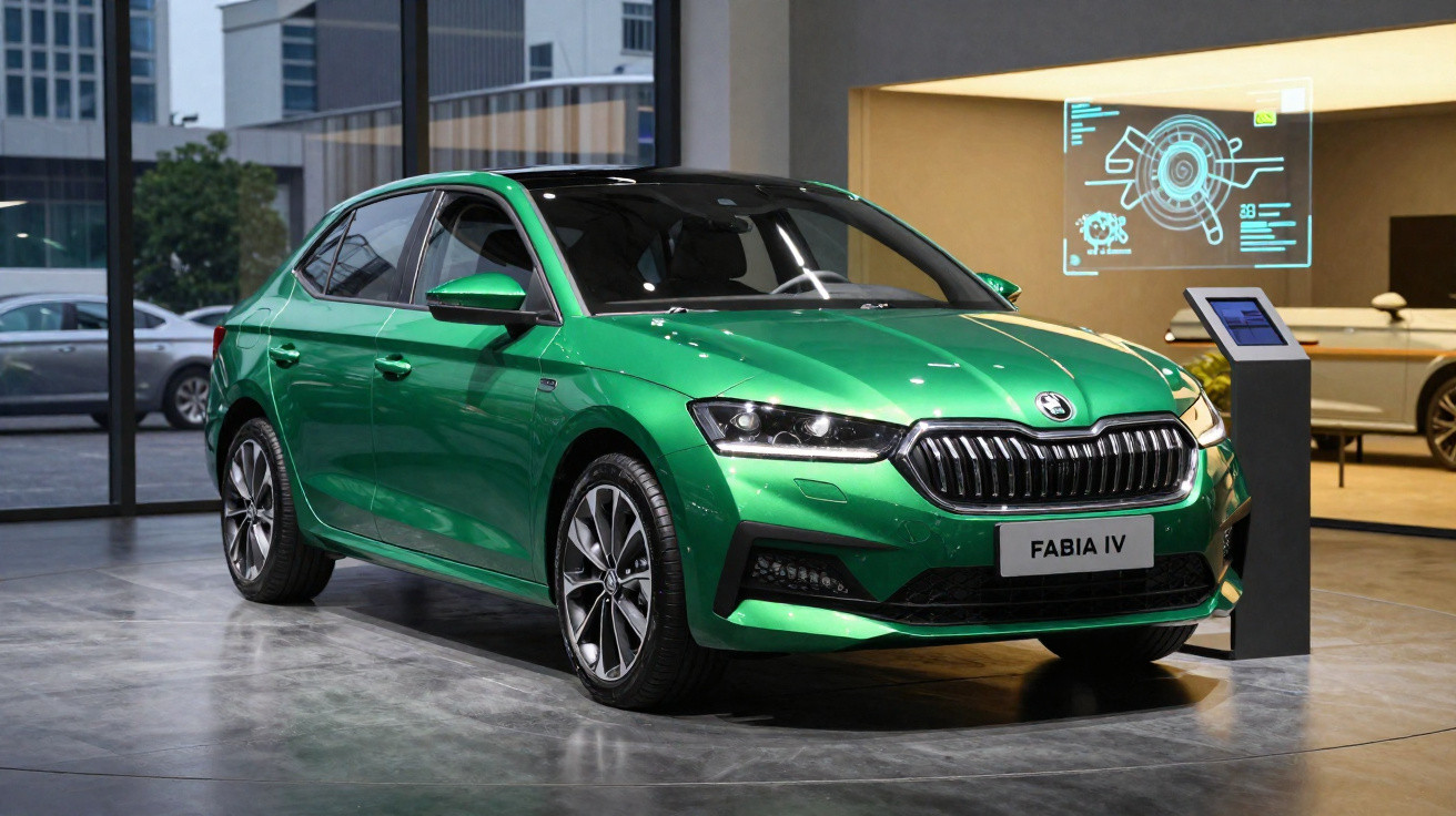 Carro verde metálico Škoda Fabia IV estacionado em showroom moderno com luzes refletindo na pintura.