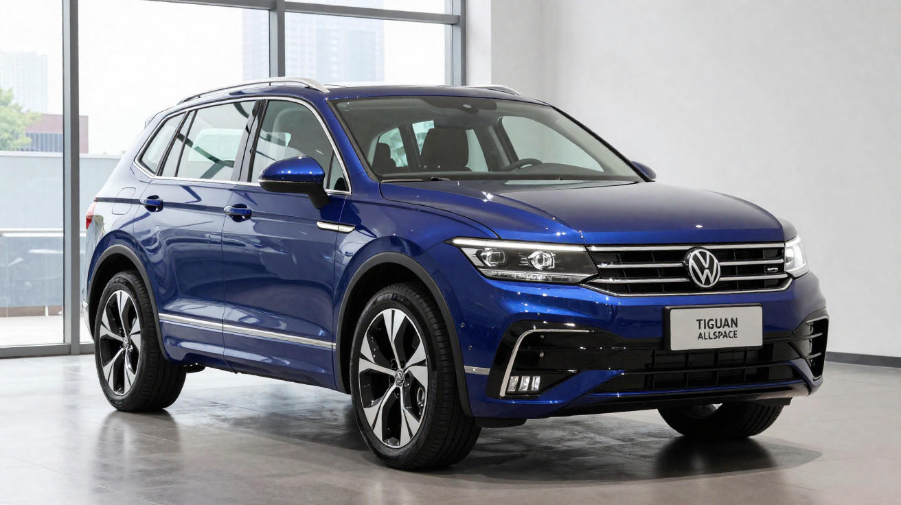 Carro SUV Volkswagen Tiguan Allspace azul estacionado em ambiente interno moderno.