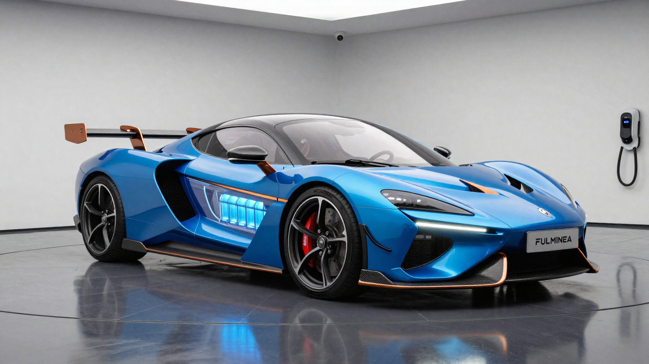 Carro esportivo azul metálico com detalhes laranja exibido em ambiente interno minimalista e moderno.