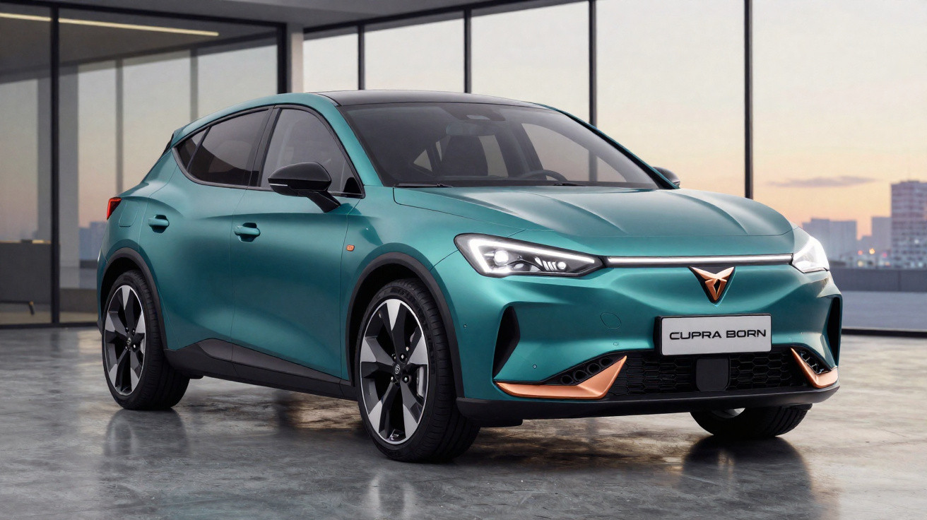 Carro elétrico Cupra Born verde metálico em ambiente interno com luz natural ao fundo.