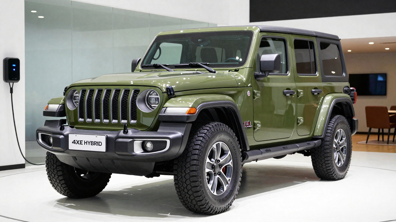 Jeep 4xe Hybrid verde militar estacionado em showroom moderno com carregador elétrico na parede.