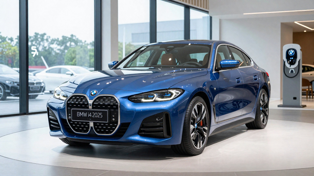 Carro BMW i4 2025 azul em exposição, com design moderno e detalhes em preto.