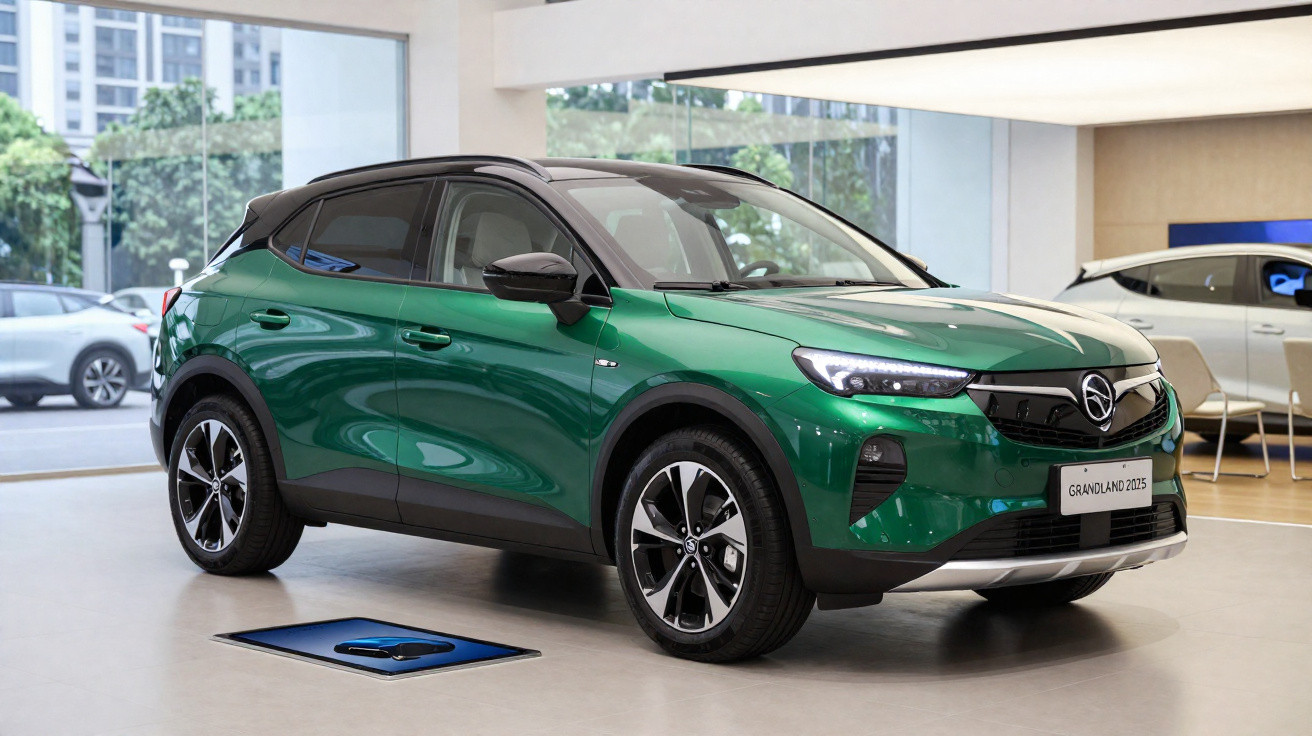 Carro SUV verde com teto preto modelo Grandland 2023 em showroom moderno com paredes de vidro.