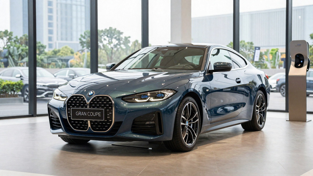 BMW gran coupe azul estacionado em showroom com vidro panorâmico e carregador elétrico ao lado.