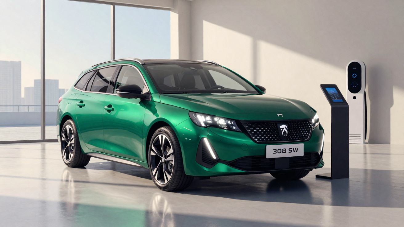 Carro elétrico Peugeot 308 SW verde em carregador dentro de garagem moderna e iluminada.