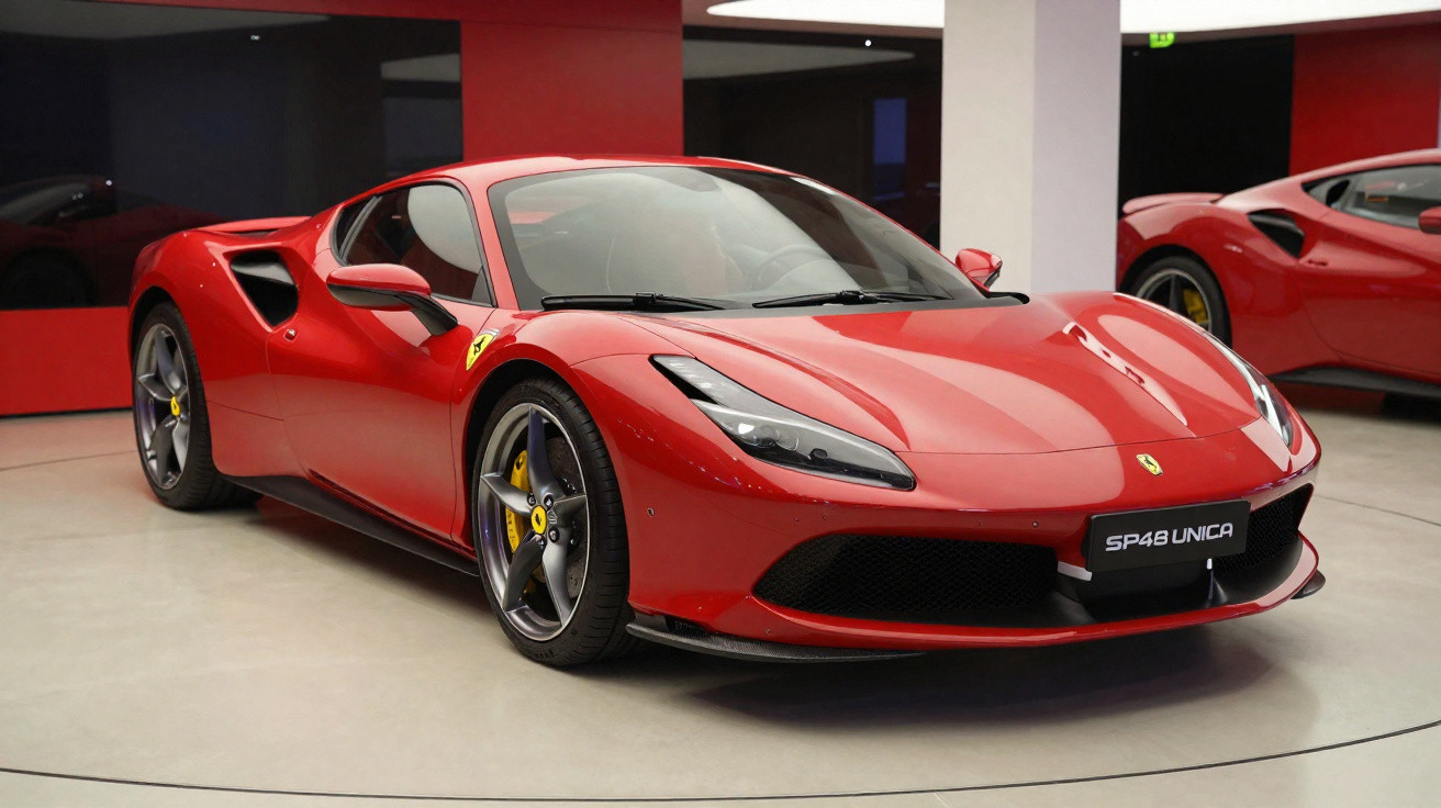 Carro esportivo Ferrari vermelho em exposição com rodas cinza e pinças de freio amarelas.