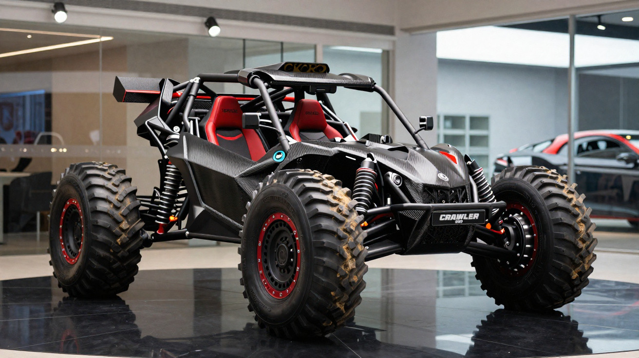 Veículo off-road estilo buggy com estrutura preta, suspensão exposta e bancos vermelhos em ambiente interno.