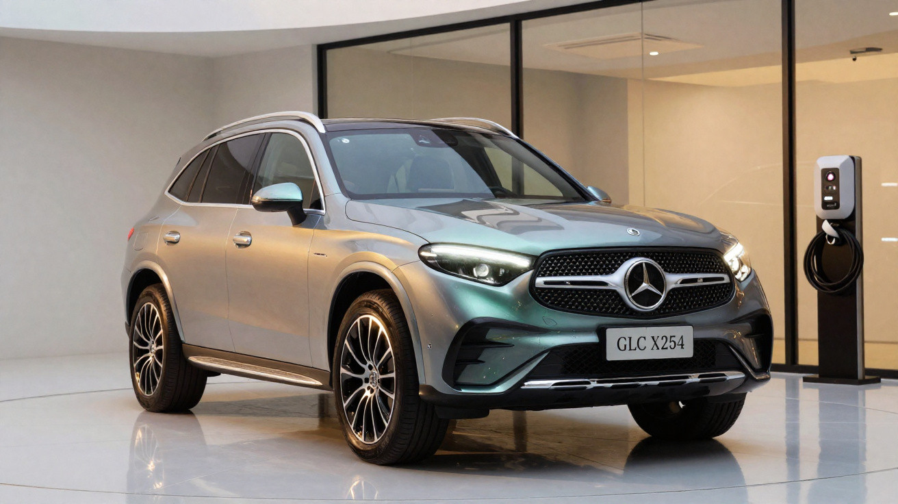 Carro SUV Mercedes-Benz GLC X254 cinza estacionado em garagem moderna com carregador elétrico.