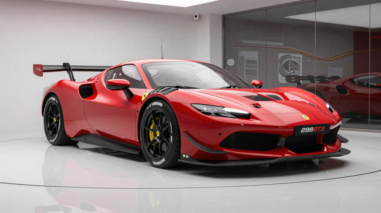 Carro esportivo vermelho Ferrari 298 GT3 em ambiente interno com piso branco brilhante.
