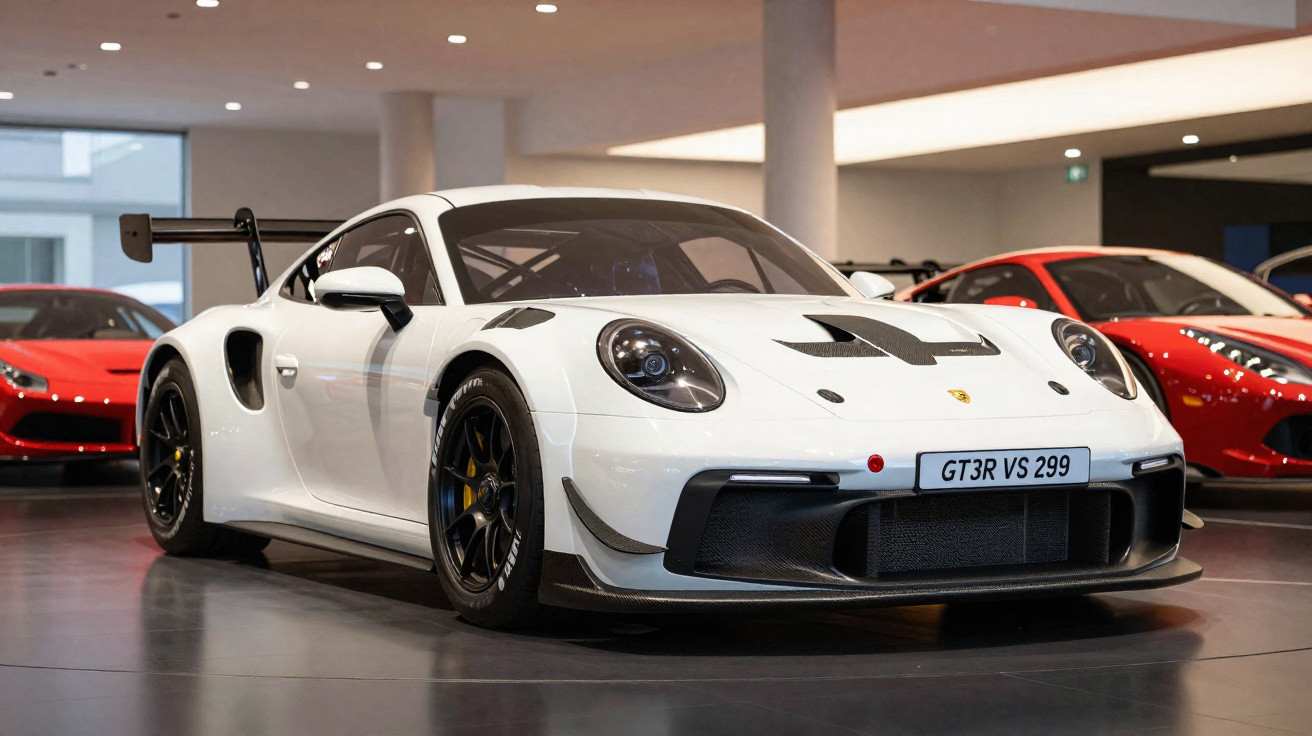 Carro esportivo branco Porsche GT3 estacionado em salão com outros carros esportivos vermelhos ao fundo.