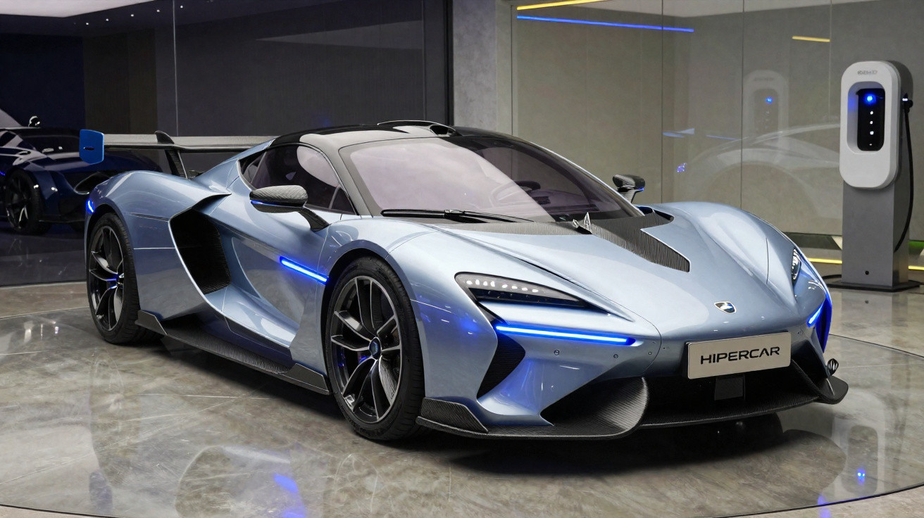 Carro esportivo prateado com luzes azuis em exposição interna ao lado de um carregador elétrico.