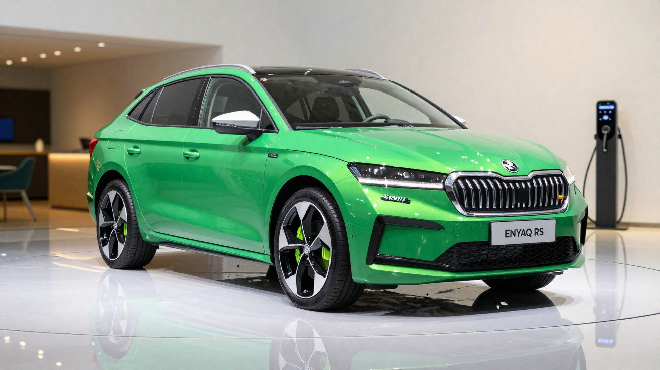 Carro esportivo elétrico verde Škoda Enyaq RS em exposição com carregador ao fundo.