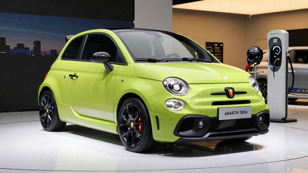 Carro compacto esportivo Abarth 500e verde em exposição, carregando em estação elétrica.