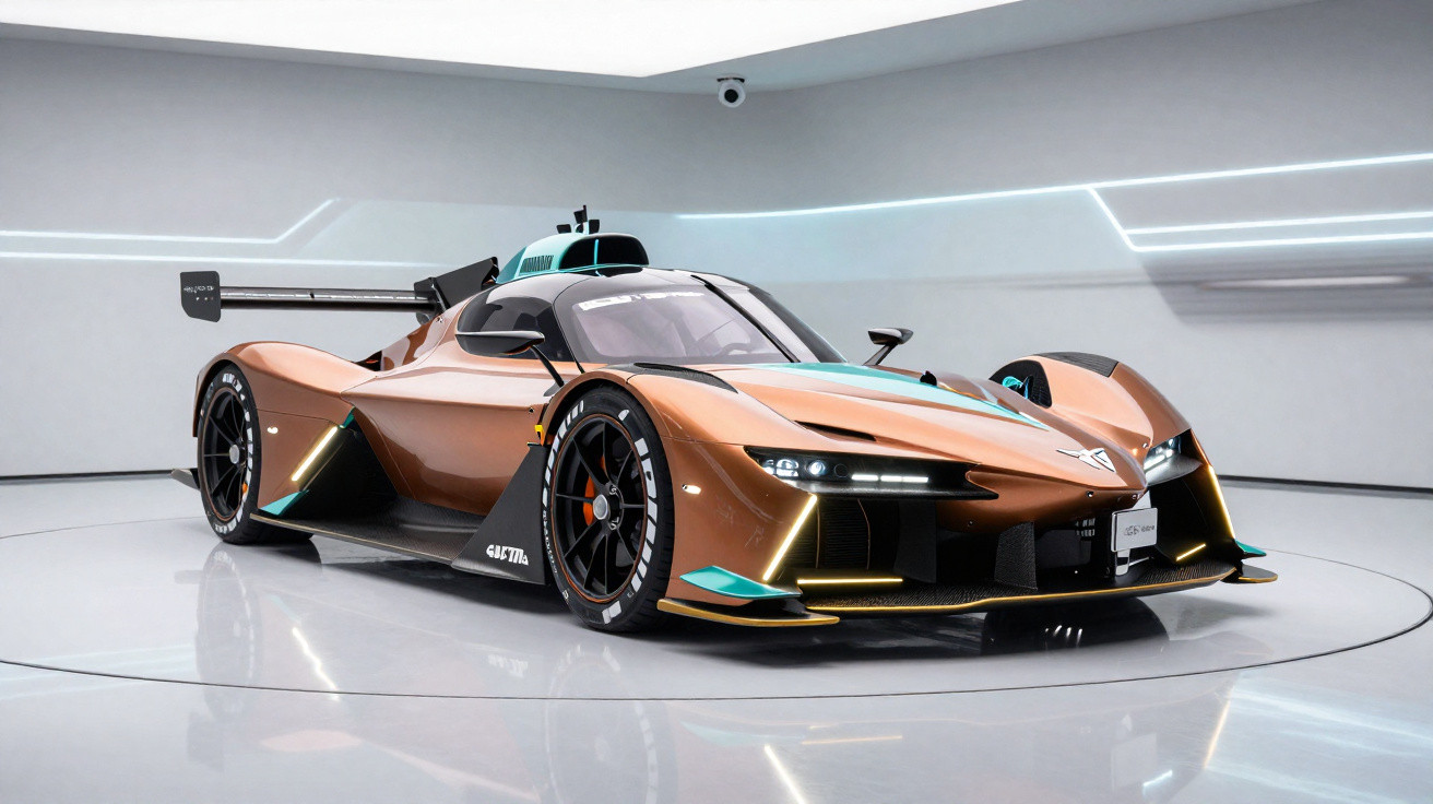 Carro esportivo futurista bronze com detalhes em azul e preto exposto em ambiente moderno e iluminado.