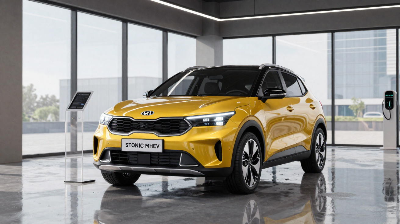 Carro SUV híbrido amarelo Kia Stonic MHEV estacionado em showroom moderno com janelas amplas.