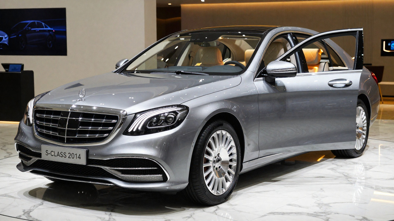 Carro prata Mercedes-Benz S-Class 2014 exibido em showroom com porta dianteira aberta.