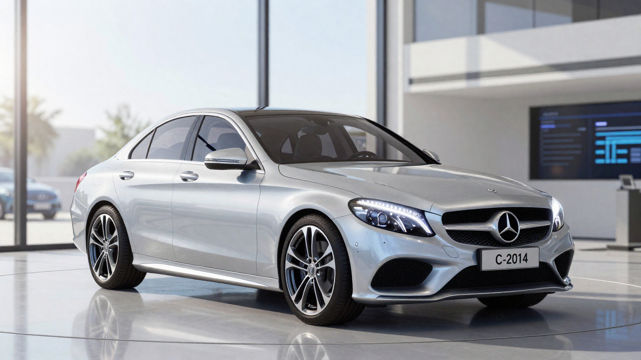 Carro prata Mercedes-Benz sedan em showroom com luz natural e piso brilhante refletindo o veículo.